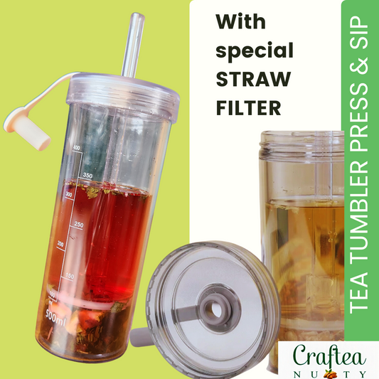 Tea Tumbler with straw filter. Press and Sip. Loose leaf tea tumbler BPA-free. Free tea 5 grams