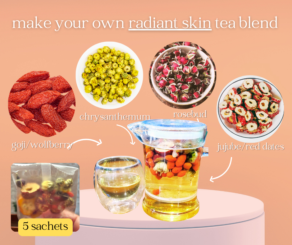 Herbal Tea for Glowing Skin – Chrysanthemum, Rosebud, Jujube, Goji Berry mix | 5 Sachets | Daily Hydration