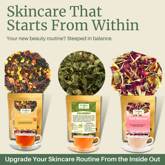 Glow Trio – Tea for Skin, Body & Confidence Includes: Spearmint, Cherry Peaching, Red Blooms (50g each)