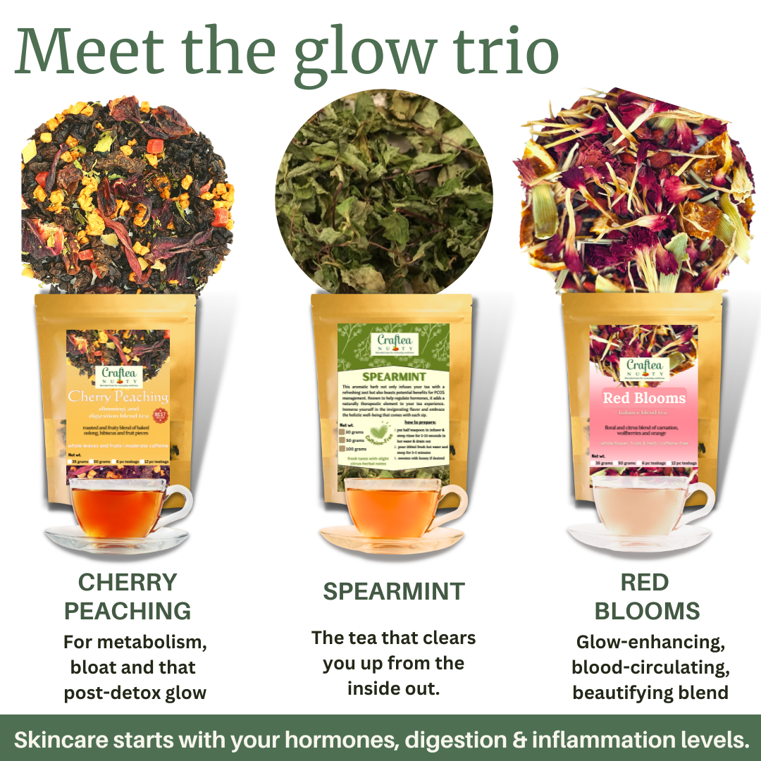 Glow Trio β Tea for Skin, Body & Confidence Includes: Spearmint, Cherry Peaching, Red Blooms (50g each)