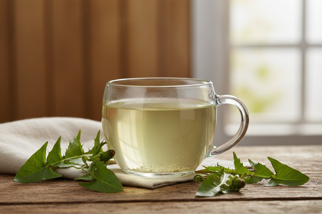 dandelion leaf tea in glass cup with fresh leaves herbal diuretic tea