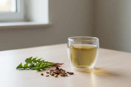 dandelion tea with fresh leaves for bloating and digestive support