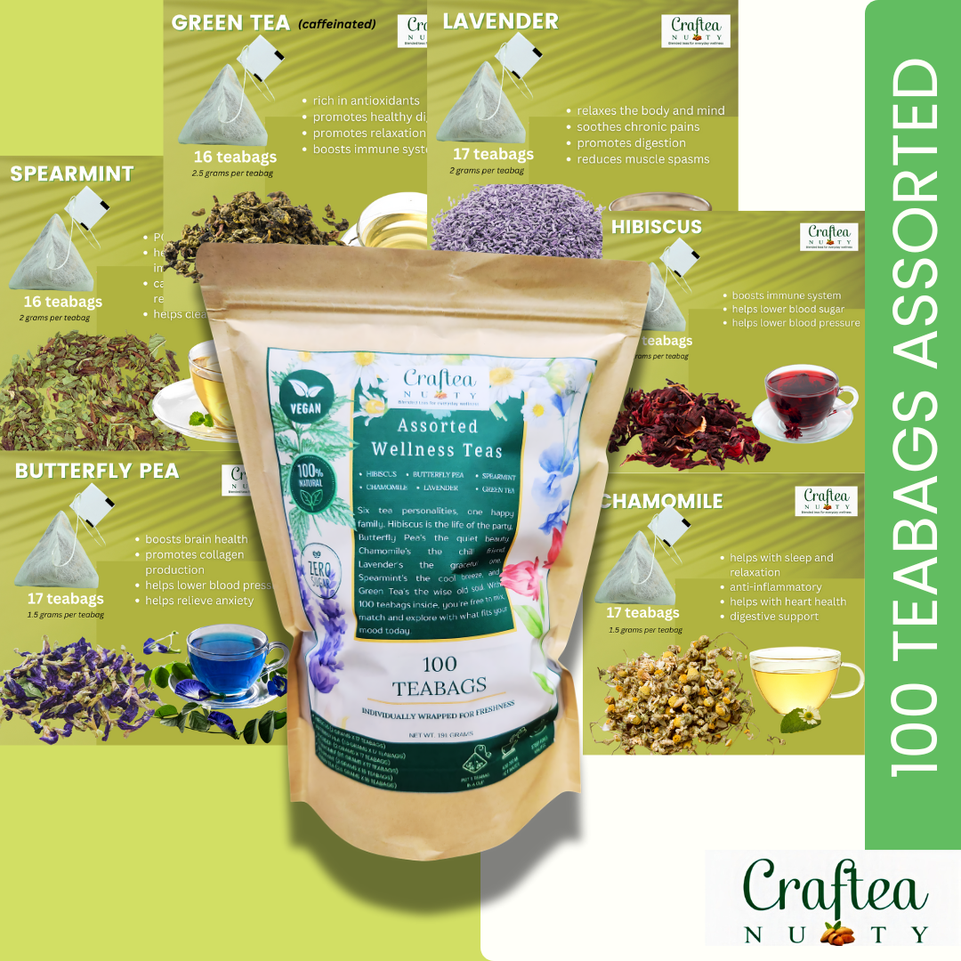 loose teas 100 teabags assorted, 6 kinds, chamomile, spearmint, hibiscus, butterfly pea