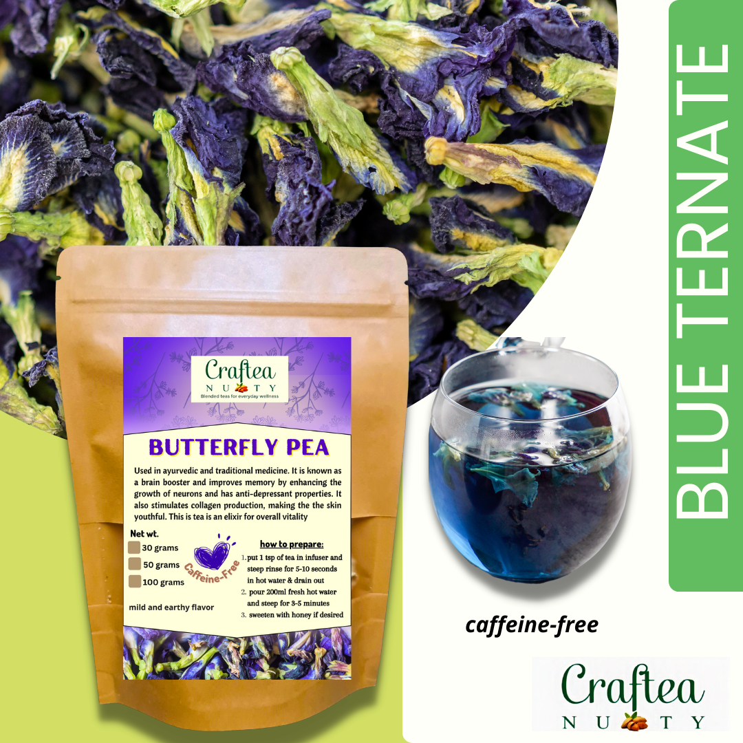 Craftea Nutty Plain butterfly pea tea 30 grams, 50 grams, 100 grams in pouch with free teabags