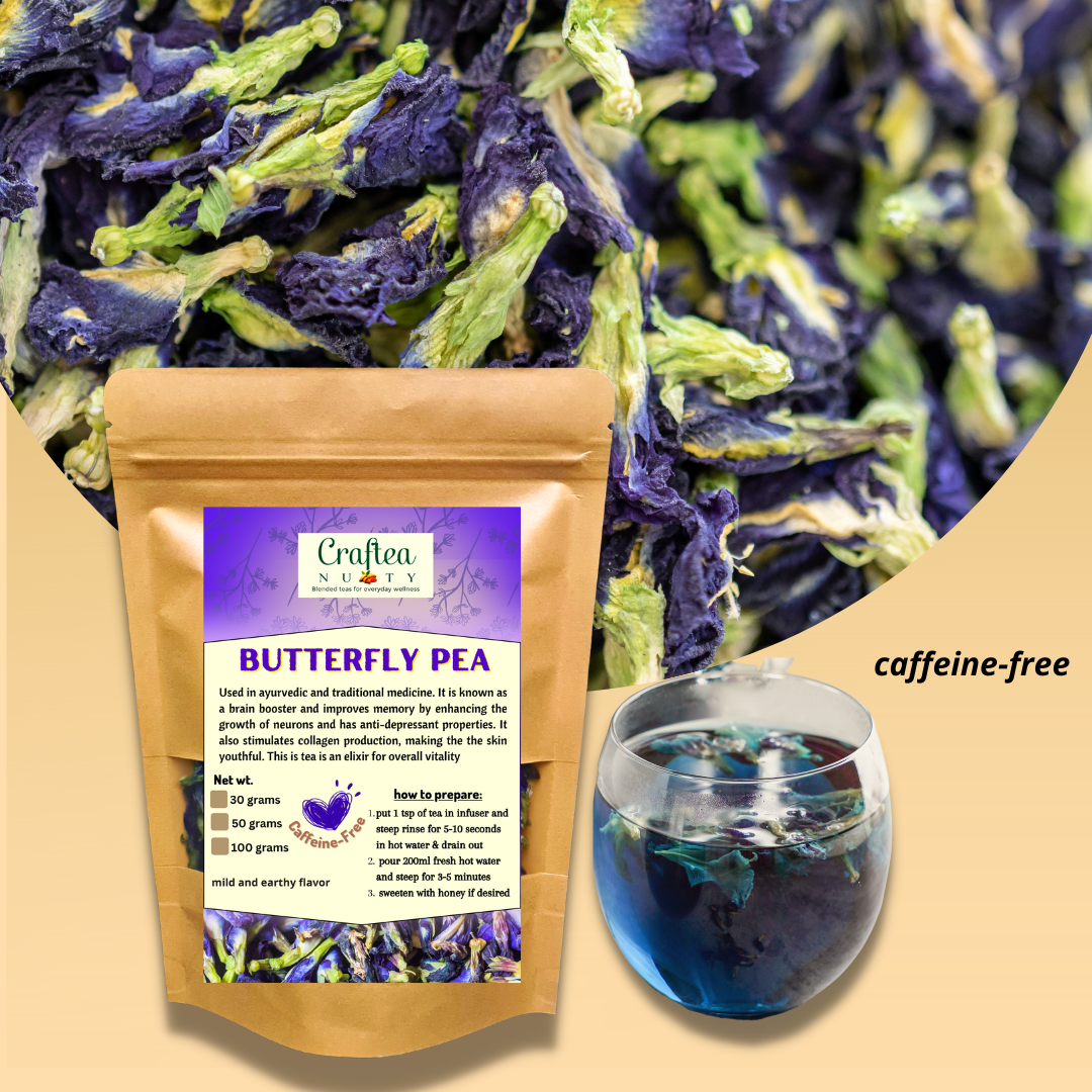 Craftea Nutty Plain butterfly pea tea 30 grams, 50 grams, 100 grams in pouch with free teabags