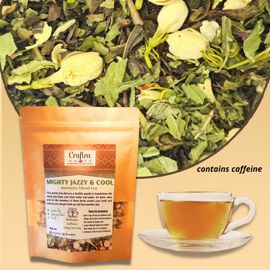 tea blend Mighty Jazzy and Cool Jasmine Green Tea with Mint Bud Loose Leaf