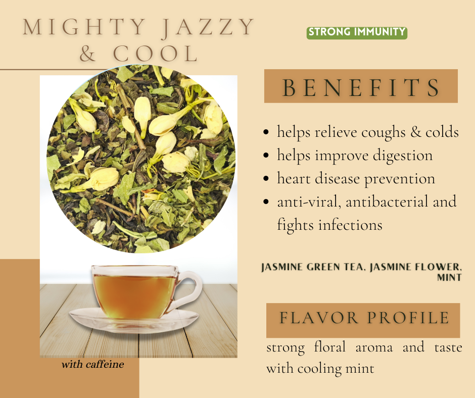 tea blend Mighty Jazzy and Cool Jasmine Green Tea with Mint Bud Loose Leaf